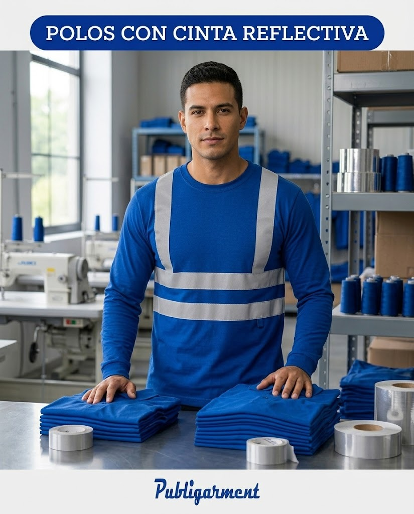 Post de Publigarment con polo azul con cinta reflectiva