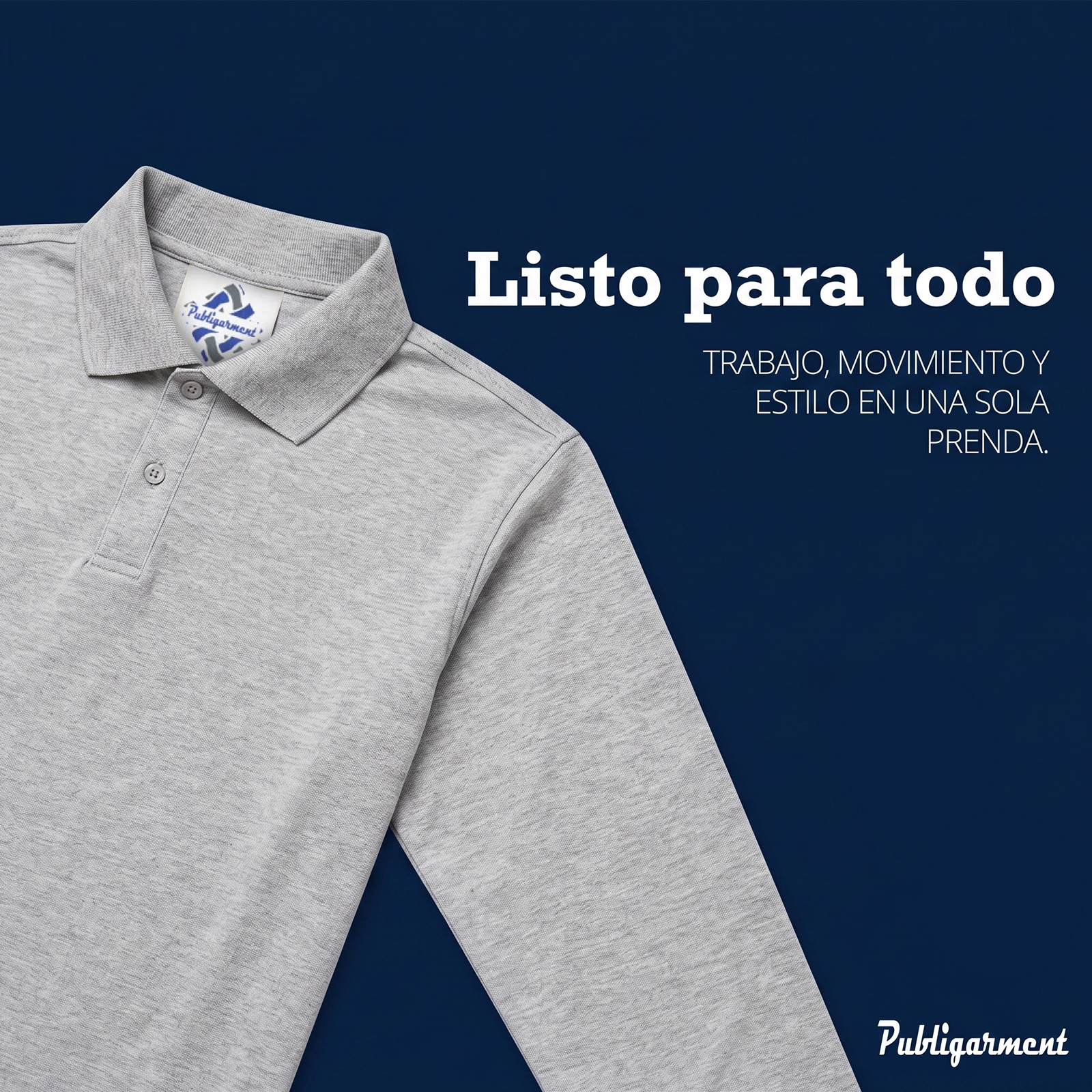 Post de Publigarment con polo azul listo para trabajo y movimiento