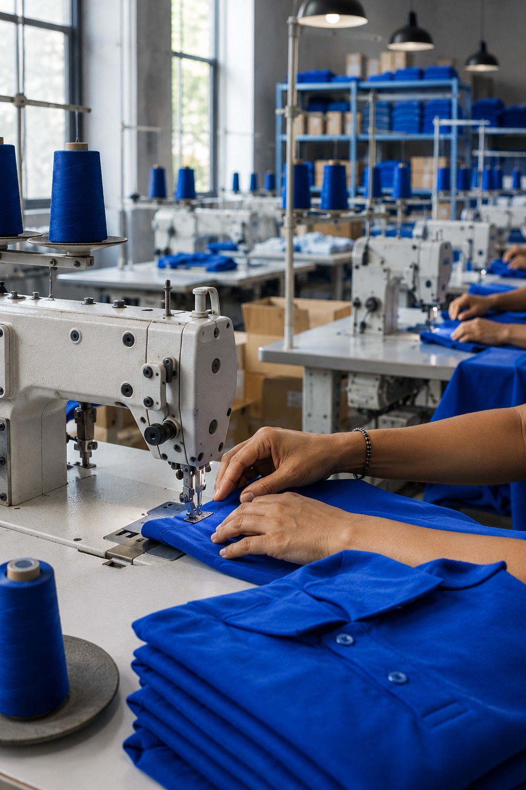 Confección de polos azules en taller textil