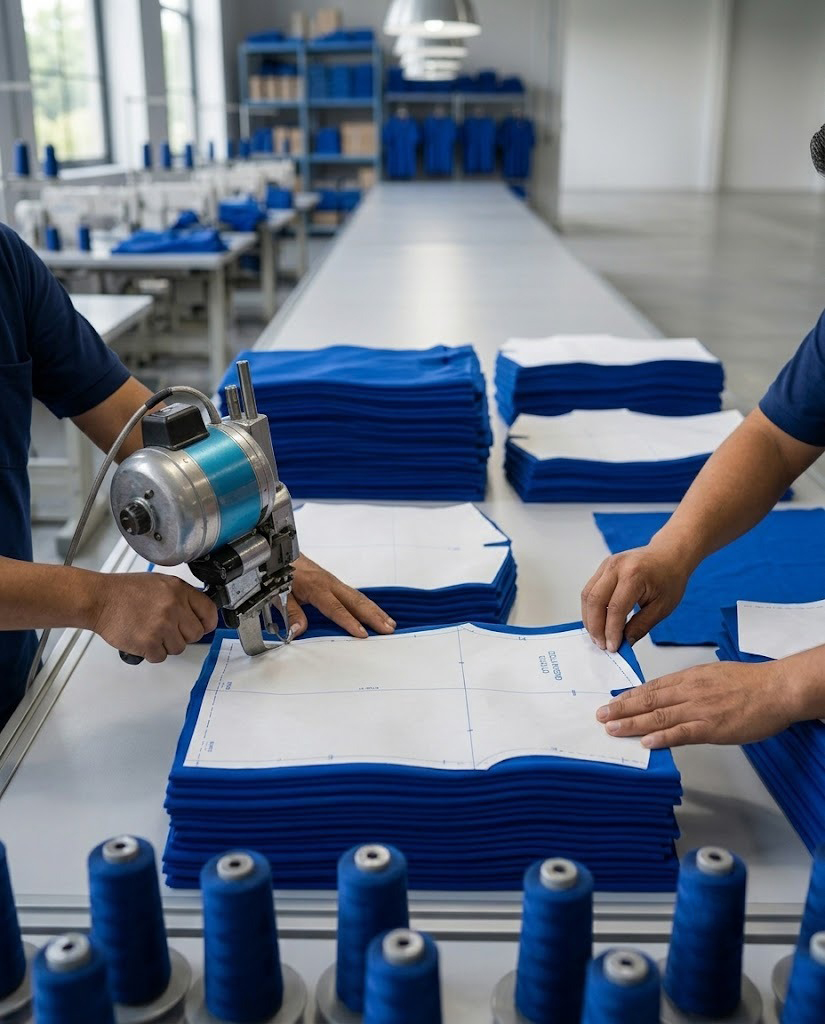 Corte de tela azul con molde en taller textil