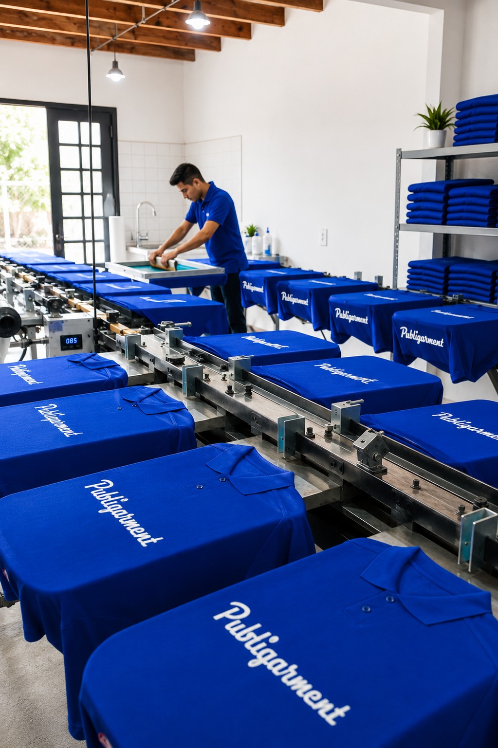 Estampado de polos azules en taller textil